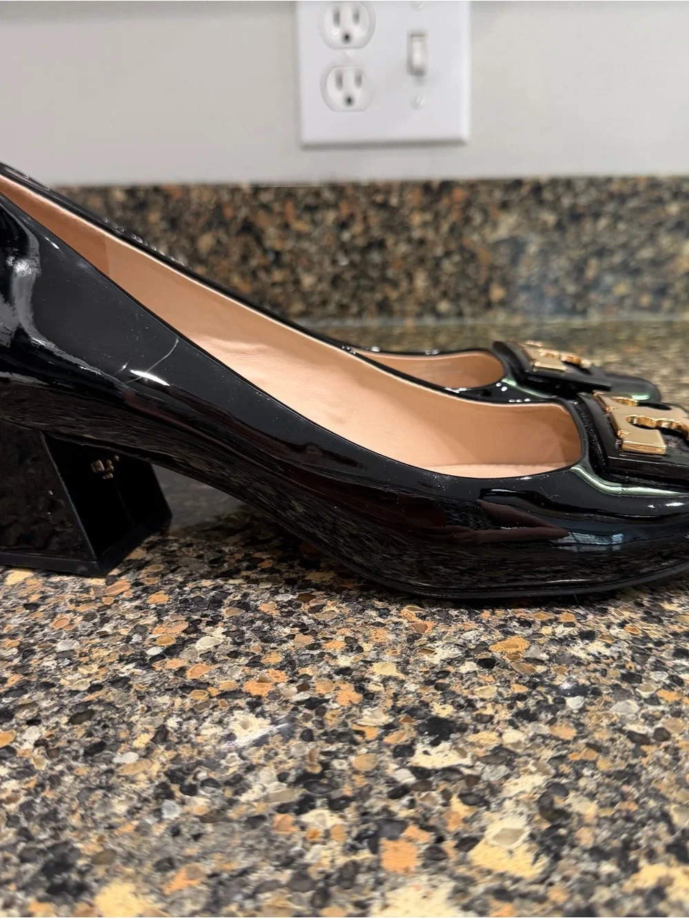 Tory Burch Gigi Black Patent Leather Block Heel Pumps with Gold Accent - Picture 8 of 8